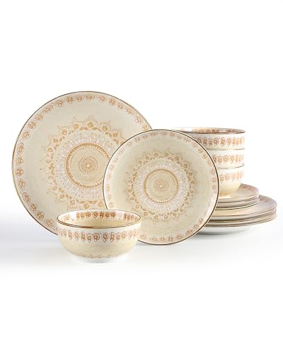 Sweejar Dinnerware Sets Service for 4 12 pcs Porcelain Plates and Bowls for Kitchen Housewaring Gift Chip and Scratch Resistant Dish Set Handmade Dishwasher and Microwave Safe Plate Set Bohemian