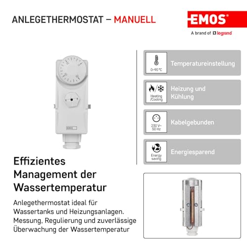 EMOS Anlegethermostat mit Drehknopf und Schraubenfeder, analoger Rohranlegethermostat für Heizung und Kühlung, Einstellbereich 0°C bis 90°C, 3,8 x 5,4 x 10,5 cm
