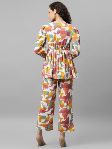Image of DEEBACO Women's Abstract Print Top & Pants Co Ord Set for Women V Neck 3 /4 Puff Sleeve Ladies Party Casual Wear Fashionable for Girls Loose Fit Cord Set (DBCOMR00000984 XL Multicolor)