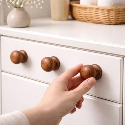 Image of Wooden for Cabinet, Wardrobe and Drawer, Dark Brown Finish | Round Wooden Pull Push Handle Set Hardware for Home & Office (4)