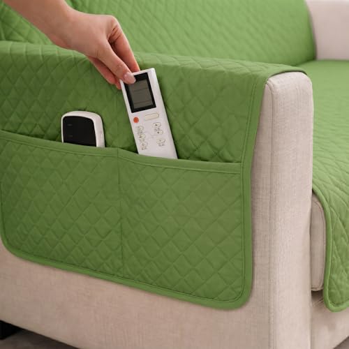 Image of STITCHNEST 'Airsoft Range Series' Solid Quilted Velvet Sofa Cover for 2 Seater | Premium Soft Velvet Sofa Protector | Olive Diamond Quilted Design with Armrest Pockets | Furniture Cover