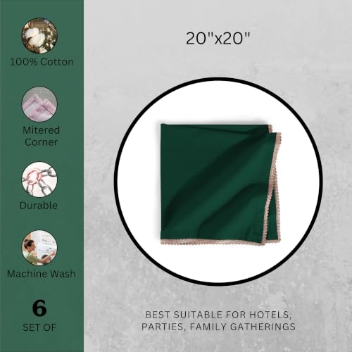 Image of FINGERCRAFT 100% Cotton Cloth Napkins Set of 6, 20 x 20 Inch Reusable Table Napkins with Golden Trim Lace, Mitered Corners, Dining Table Linen for Wedding, Festive, Restaurant & Home Use (Eden Green)