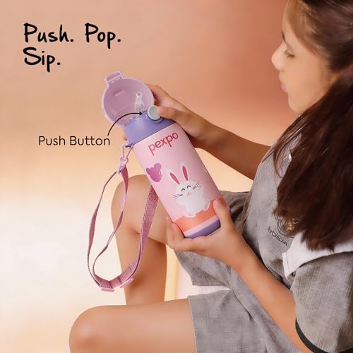 Image of Go24 pexpo Pixy ISI Certified Stainless Steel Water Bottle for School Kids - 300ml | Hot & Cold Vacuum Insulated Flask | Leak Proof | Carry Strap | School, Picnic, Sports - Baby Pink Rabbit