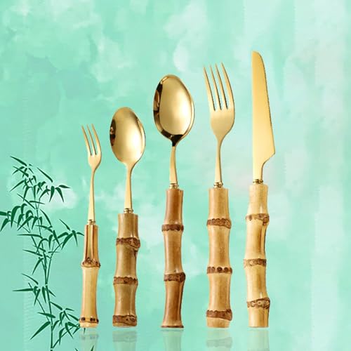 Bamboo Silverware Set for 8-42 Piece Natural Bamboo Flatware Sets,Bamboo Handle Cutlery Sets,Bamboo...