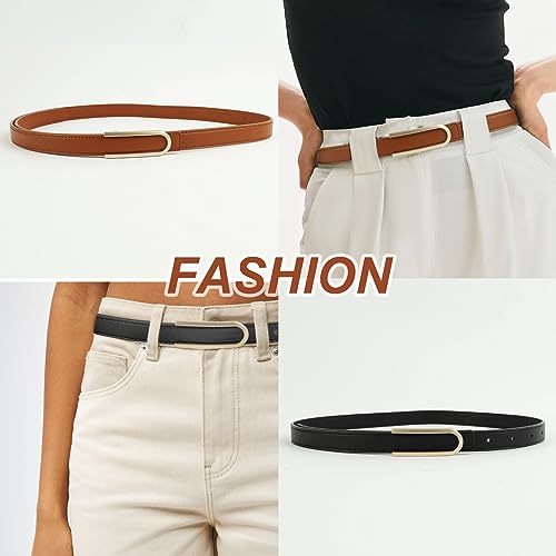 NPET 2 Pack Women Leather Belts for Jeans Dresses Fashion Vintage Waist Belt for Women with Gold Buckle （Brown Black White）2