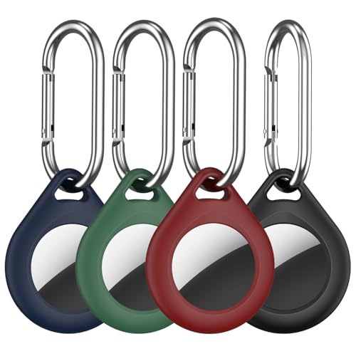 R-fun 4 Pack Porta Airtag con Llavero metálico, Funda Protectora de Silicona Multicolor para Airtag para Equipaje, Collar de Perro, Llaves -Negro,Verde Pino,Azul Medianoche,Rojo Vino