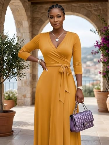 Image of PinkPatty Women's Plus Size Maxi Dresses Casual Flowy 3 /4 Sleeves Dress Printed Vacation Dress for Daily Wear with Belt