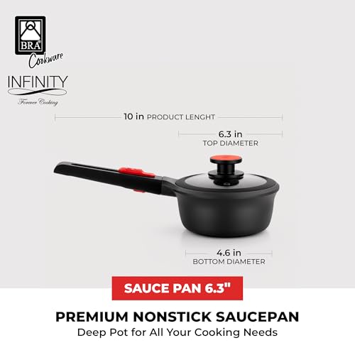 Image of BRA COOKWARE Infinity Nonstick Saucepan with Glass Lid | 6.3 Inch 1.2 Quart Deep Pot | PFAS Free Soup Pot | Deep Pan Ideal for Boiling or Warming on All Cooktops incl. Induction | Removable Handle