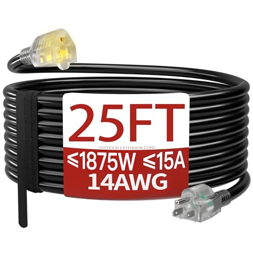 Image of 25 FT 14 /3 Extension Cord Outdoor, Heavy Duty Weatherproof & Flame Retardant Black 3 Prong Power Cord with Light, Outside for Lawn & Garden, 15 Amps 1875 Watts 125 VAC 14AWG SJTW, ETL Listed