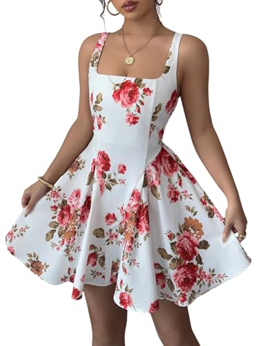 SweatyRocks Damen Sommerkleid Kurz Kleider Blumenmuster Kleid Eleagntes Freizeitkleid Sommer ärmelloses Minikleid A-Linie Skaterkleid Trägerkleid...