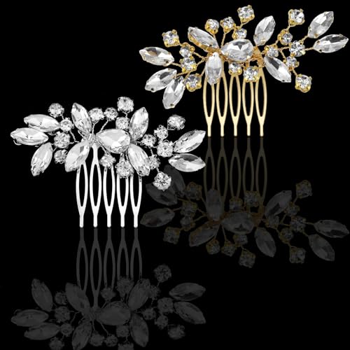 Heclia 2 PCS Bridal Hair Combs Silver & Gold Rhinestones Hairpieces...