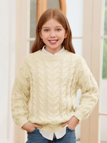 Haloumoning Girls Pullover Sweaters Kids Cute Cable Knit Long Sleeve Crewneck Chunky Jumper Tops 5-14 Years3
