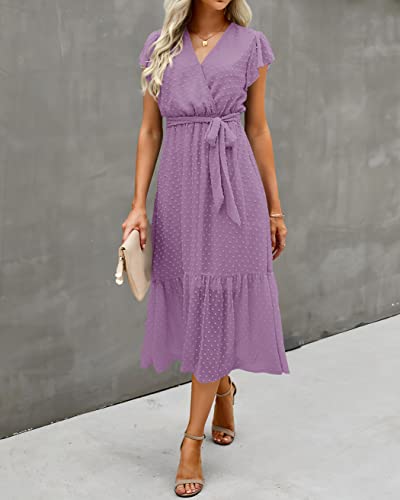 Image of BTFBM Women Summer Bohemian Floral Casual Wrap V Neck Ruffle Cap Sleeveless Belt A-Line Pleated Hem Midi Sun Dress White