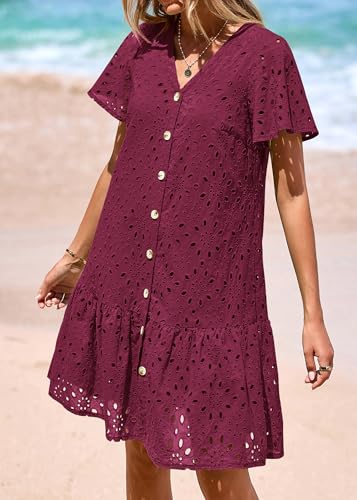 Image of KIRUNDO Eyelet Dresses for Women Button Down Mini Babydoll