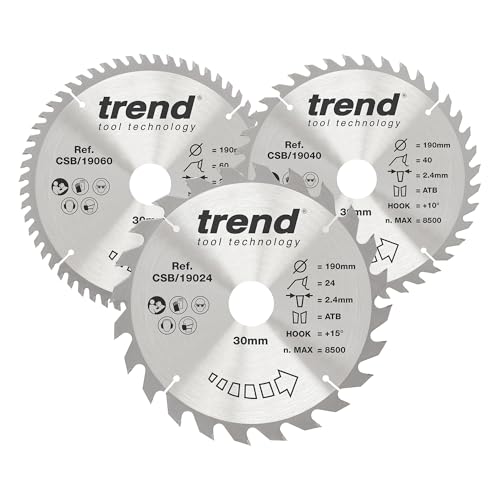 Trend Wood Circular Saw Blades 190mm Diameter 30mm Bore 24/40/60 Teeth 2.6mm Kerf +15 Hook TCT Medium/Fine/Extra-Fine Finish 3 Pack CSB/190/3PK