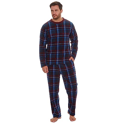 Mens Lounge Set Long Sleeved Microfleece Warm and Cosy Pyjama Set for Him Checked Navy Large