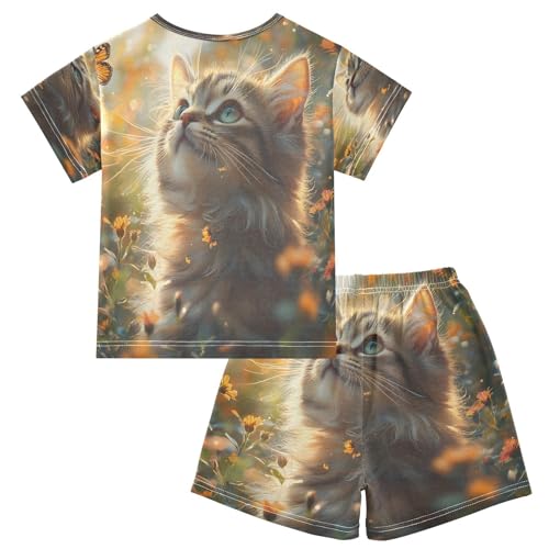 ALAZA Beautiful Butterfly Cat Kitten Flower Pajamas Set Short Sleeve Cotton Sleepwear Summer Pjs 2 Piece 5-14Y2