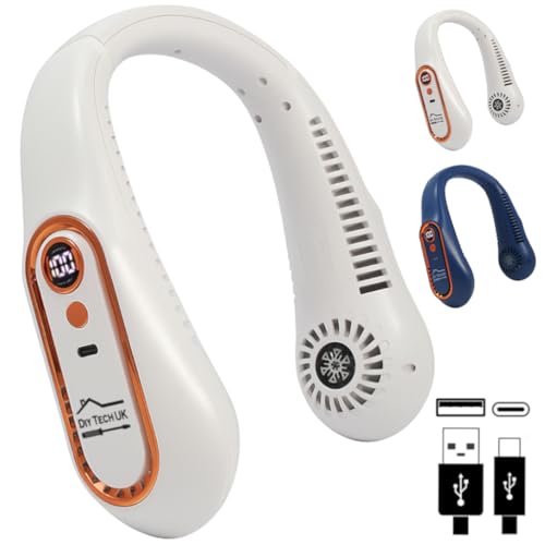 DIY TECH UK - CoolBlast Dual Action - Ventilador de cuello recargable por USB - Ajustable - Ventilador de cuello portátil personal sin aspas - 5 velocidades - Portátil para deportes, viajes, hogar
