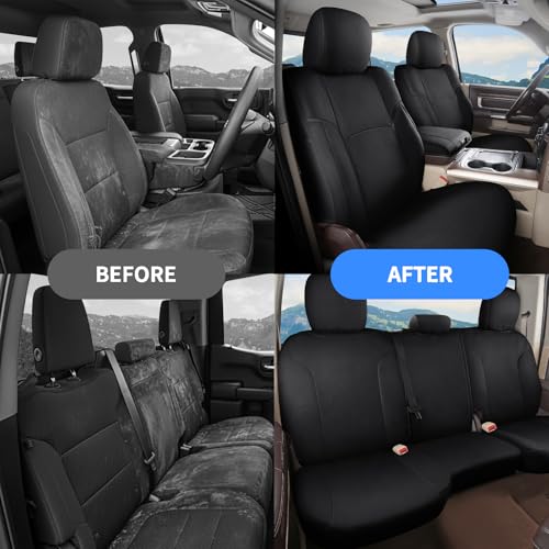 Image of Coverado Chevy Silverado Waterproof Canvas Seat Covers Full Set, Fit for 2014-2018 1500, 2015-2019 2500HD 3500HD Chevy Silverado GMC Sierra Crew Double Extended Cab (Flat Front&Curved Rear, Black)