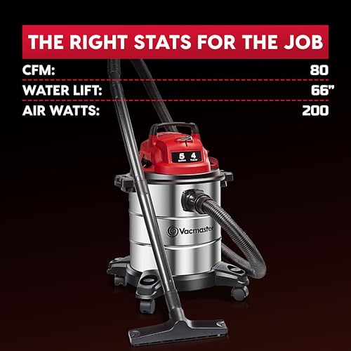 Image of Vacmaster Red Edition VOC508S 1101 Stainless Steel Wet Dry Shop Vacuum 5 Gallon 4 Peak HP 1-1 /4 inch Hose Powerful Suction with Blower Function