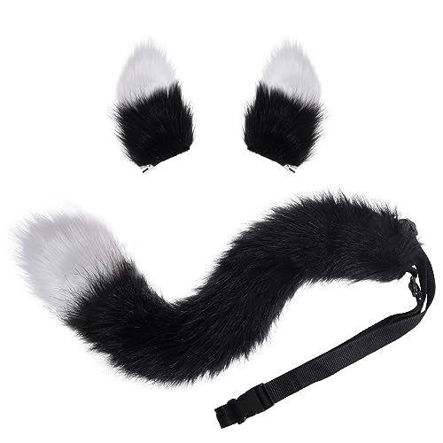 Fox Wolf Cosplay Animal Ears Tail Set Wolf Ears Tail Costume Handmade Fox Wolf Ears Halloween Costume Cosplay Head Accessories Fox Ears, Black+white, One Size