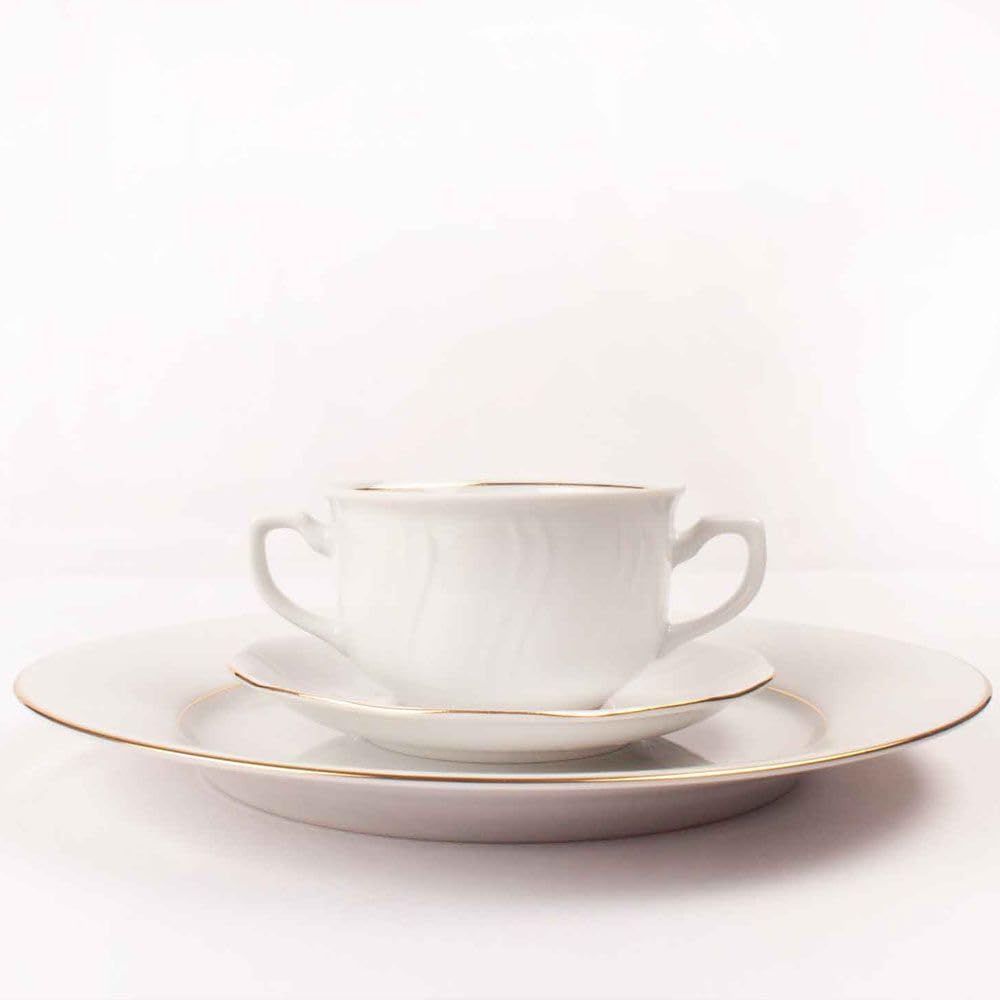Juego de boles (24 piezas) consomé de porcelana blanca Lubeck, 12 boles consomé con asas (35 cl), 12 platillos para tazas, con filo de oro