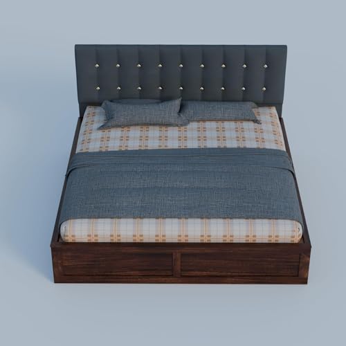 Image of Sheesham Wood King Size Bed with Storage Box | Double Bed for Home | Platform Cot with Cushioned Headboard | Upholstered Beds | Recommended Mattress 78x72 Inch | Dark Grey & Walnut Finish