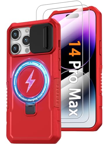Magnetic Case for iPhone 14 Pro Max with Ring Stand [2X Screen Protector] [Compatible with MagSafe Wireless Charging] Military Grade Shockproof Case with Slide Camera Cover for iPhone 14 ProMax, Red