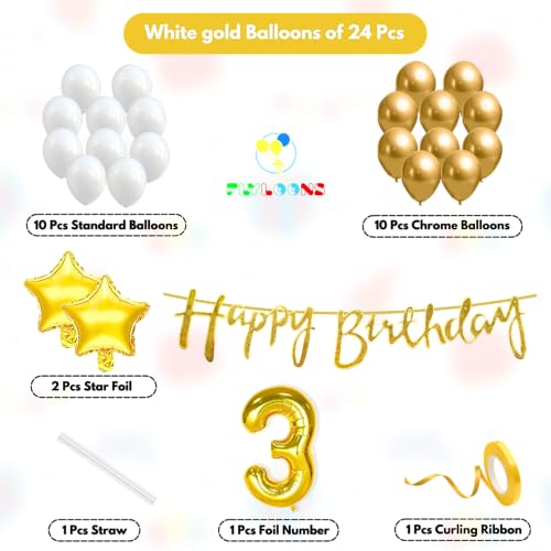 Image of Flyloons 3rd Happy Birthday Decoration Kit Gold White for Baby Boys Girls Kids Twins With 20 Pcs Chrome Balloons Birthday Banner 2 Pcs Star Items Set Golden