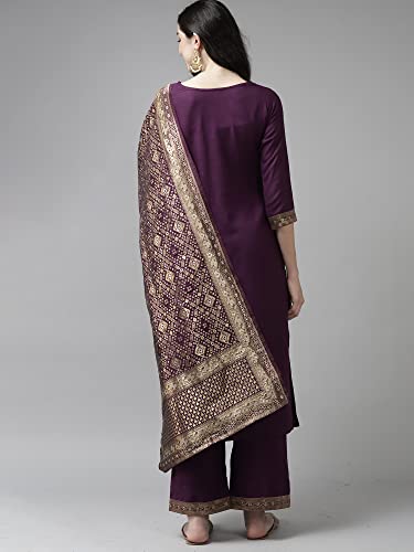 Image of INDO ERA Women's Cotton Blend Yoke Design Straight Kurta with Pant & Dupatta Set