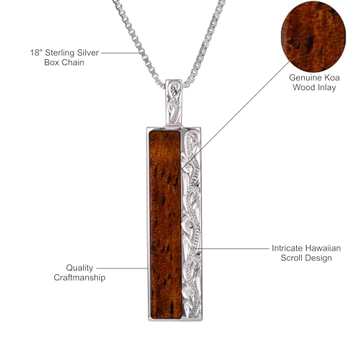 Aloha Jewelry Company 925 Sterling Silver Hawaiian Heirloom Scroll Koa Wood Bar Necklace Pendant with 18" Box Chain, Nickel Free Hypoallergenic for Sensitive Skin, Gift Box Included4