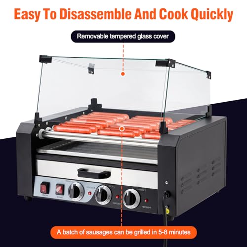 Hot Dog Roller, 9 Rollers 24 Hot Dogs Capacity 1650W Stainless Sausage Grill Cooker Machine with Removable Oil Drip Tray Dual Temp Control and Glass Hood Cover, Perfect for Commercial and Party