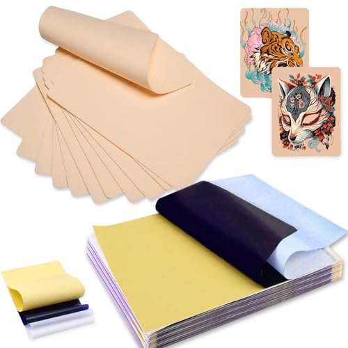 Practice Skin with Transfer Paper, 30PCS Tattoo Fake Skin and Tattoo Tracing Paper Kit Including 10PCS Double Sided Skin and 20PCS Tattoo Stencil Paper