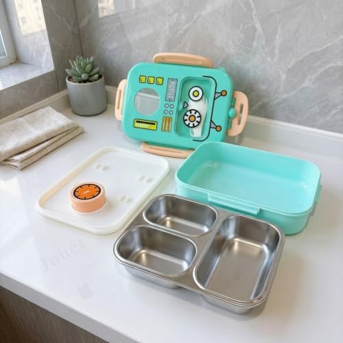 Image of JOUET 700ml Stainless Steel 3 Compartment Lunch Box with Foldable Spoon & Gravy Container, Kids Tiffin Box for School, Office & Travel - Green