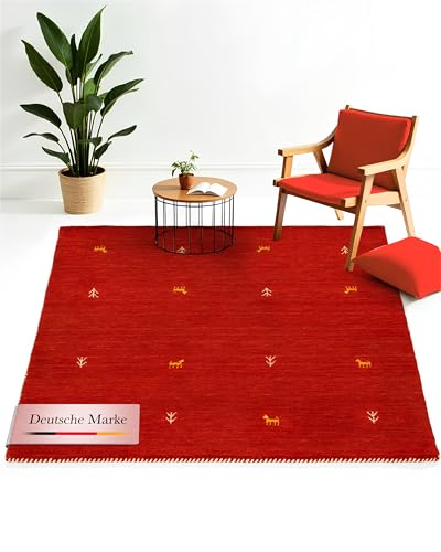 CarpetFine Tapis de Laine Gabbeh Uni carré Rouge 60x60 cm | Tapis Moderne pour Le Salon et la Chambre à Coucher