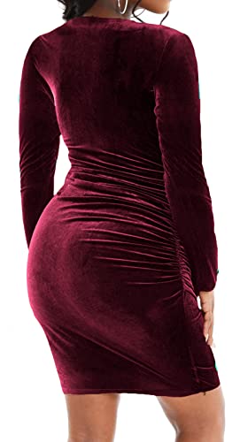 Image of SeNight Dresses for Women Sexy Ruched Sparkly Bodycon Long Sleeve Deep V Neck Club Mini Dress for Party Club Night