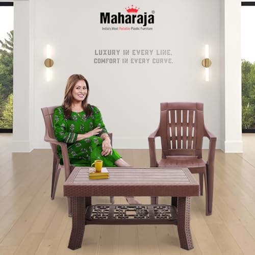 Image of MAHARAJA Classic Plastic Table & Chair Set | Elegant Design, Sturdy Build | Perfect for Home, Office & Garden Use (Brown, 4 Chair+1 Table)