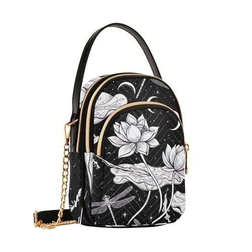 Women over Shoulder Purse White Lotus Flowers Dragonflies Quilted Chain Strap Cell Phone Purse Cute Ladies Tote Crossbody Satchel, 5.9" × 8.3" × 3.1"2