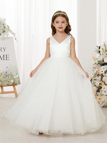 Sleeveless Flower Girl Dress V-Neck Satin Tulle First Communion Gown Pearls Wedding Party Long Dresses with Bow2