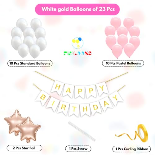 Image of Flyloons Happy Birthday Decoration Kit Pink White for Baby Boys Girls Kids Twins Men Women With 20 Pcs Pastel Balloons Birthday Banner 2 Pcs Star Items Set