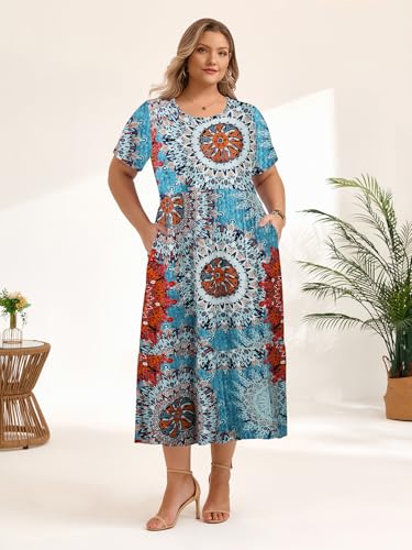 Image of LARACE Plus Size Dresses for Women Summer Casual Short Sleeve Long Dress Flowy Maxi Beach Dresses with Pockets L-6XL