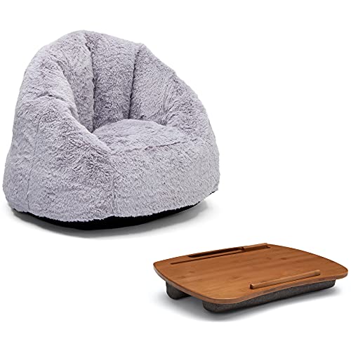 Delta Children Cozee Fluffy Chair and Bamboo Lap Desk Set, Kid Size Chair for Kids Up to 10 Years, Fits Up to 15.6", Laptops & Most Tablets, Ideal for Homework, Travel & More, Grey