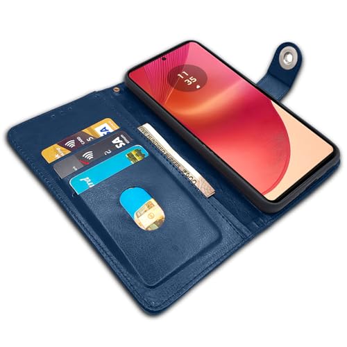 Image of Pikkme Motorola Moto Edge 50 Fusion 5G / Motorola Moto G96 5G Flip Cover Leather Finish | Inside TPU with Card Pockets | Wallet Stand and Shock Proof | Complete Protection Button Flip Case (Blue)