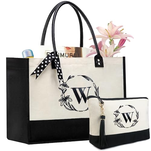 Image of BeeGreen Initial Canvas Tote Bags Personalized Birthday Mothers Day Gifts for Women Friends Mother Mom Grandma Embroidery Monogram Bags with Leather Handle W