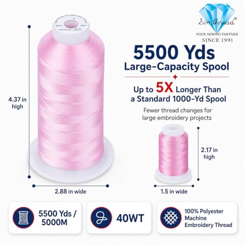Image of Simthread 5500Yds /5000M 40WT Polyester Embroidery Thread Lt Rose Pink S073 | High-yardage 5000M spool offers smooth feeding and stable 40WT polyester thread for home and commercial embroidery machines.