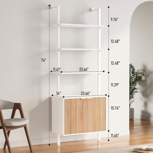 74" Tall Bookshelf with Storage Cabinet, Modern Ladder Shelf with Wood and Metal Frame, Wall Mount Bookcase Open Display Shelf Furniture for Living Room, Bedroom, Home Office, White and Oak - Image 3