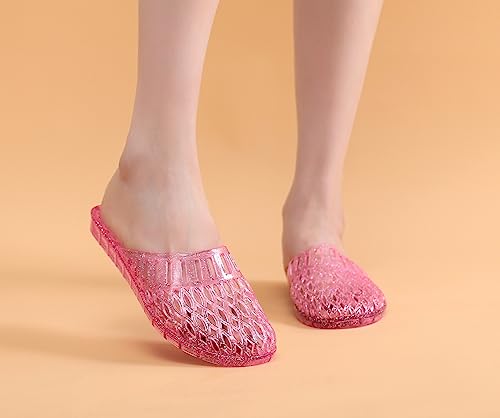 Image of Womens Jelly Shoes, Pink Jellies Sandals Glitter Clear Flats for Women Size 8, Slip On Summer Beach Slippers Transparent Closed Toe Soft Slide