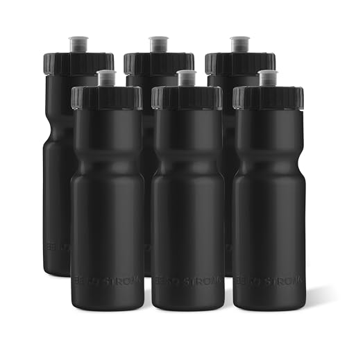 50 Strong Sports Water Bottles 6-Pack – Reusable 22 oz BPA-Free Plastic Bottles with Pull Top Cap – Made in USA – Top Rack Dishwasher Safe – Fits Most Bike Cages Brand - Black