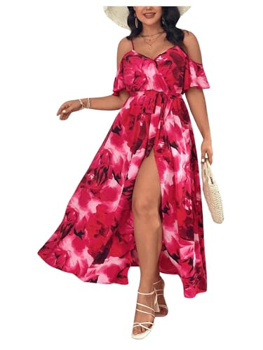 Image of Floerns Women's Plus Size Cold Shoulder Short Sleeve Split Thigh Long Dress