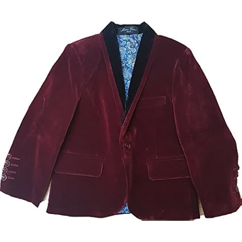 Childrens Boys Kids Velvet Blazer Jacket with Contrast Lapel Navy Burgundy 1 to 15 Years (14, Burgundy with Black Lapel) Cover
